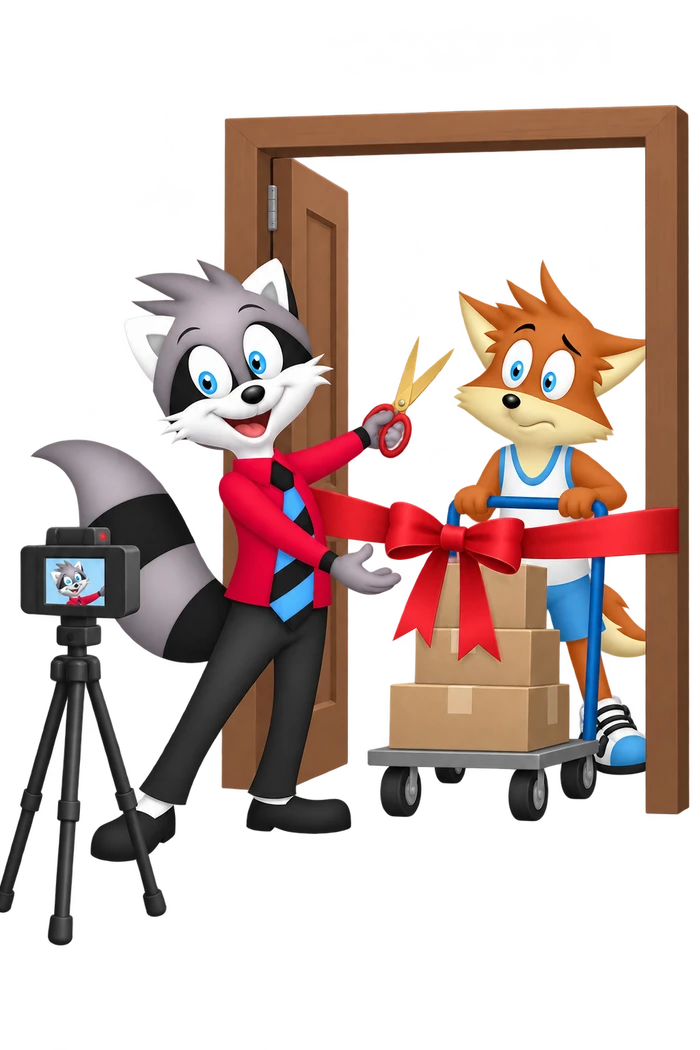 A grey raccoon poses beside a camera and a ceremonial ribbon that blocks an orange colleague’s parcel trolley in the doorway.
