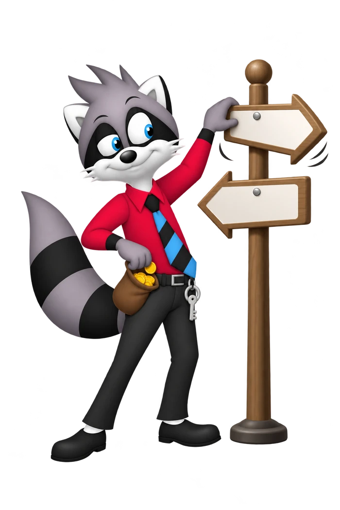 A grey raccoon turns a blank direction arrow while pocketing coins; an office key hangs from his belt.