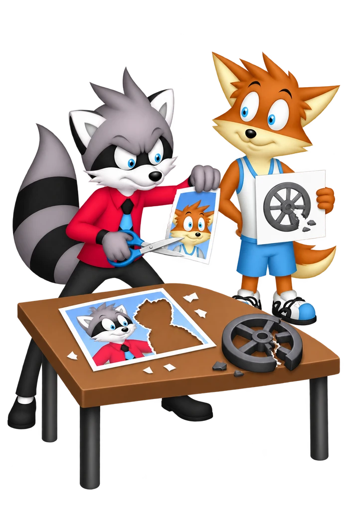 A grey raccoon cuts an orange colleague’s portrait out of a team photograph while the colleague presents a damaged-wheel report and the cracked wheel remains on the desk.