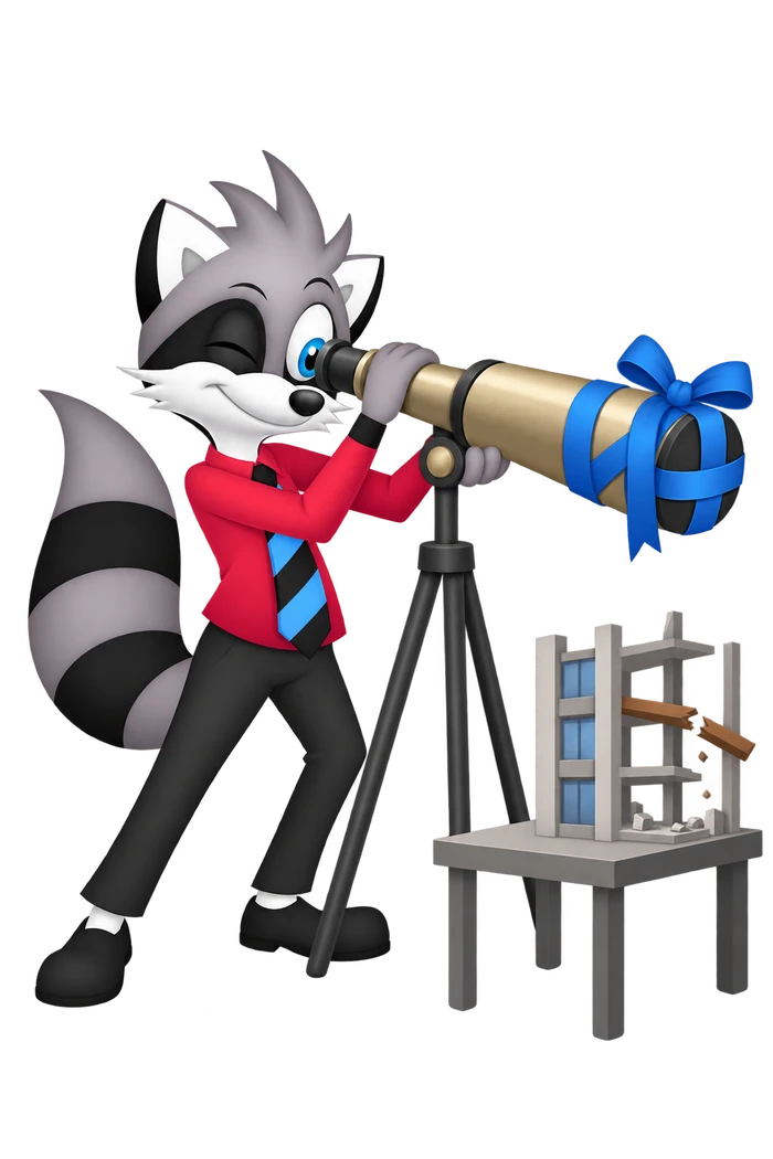 A grey raccoon looks through a telescope whose far cap is tied closed, while a damaged miniature structure stands nearby.