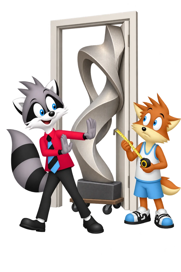 A grey raccoon waves away an orange colleague’s tape measure beside a tall sculpture wedged in a doorway.