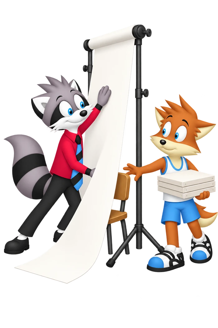 A grey raccoon smooths a white backdrop and pushes a chair behind it while an orange assistant holding three canvases reaches toward the chair.
