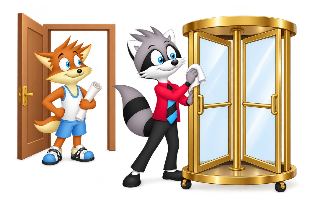 A grey raccoon polishes a freestanding revolving door while an orange colleague waits beside an ordinary open doorway.