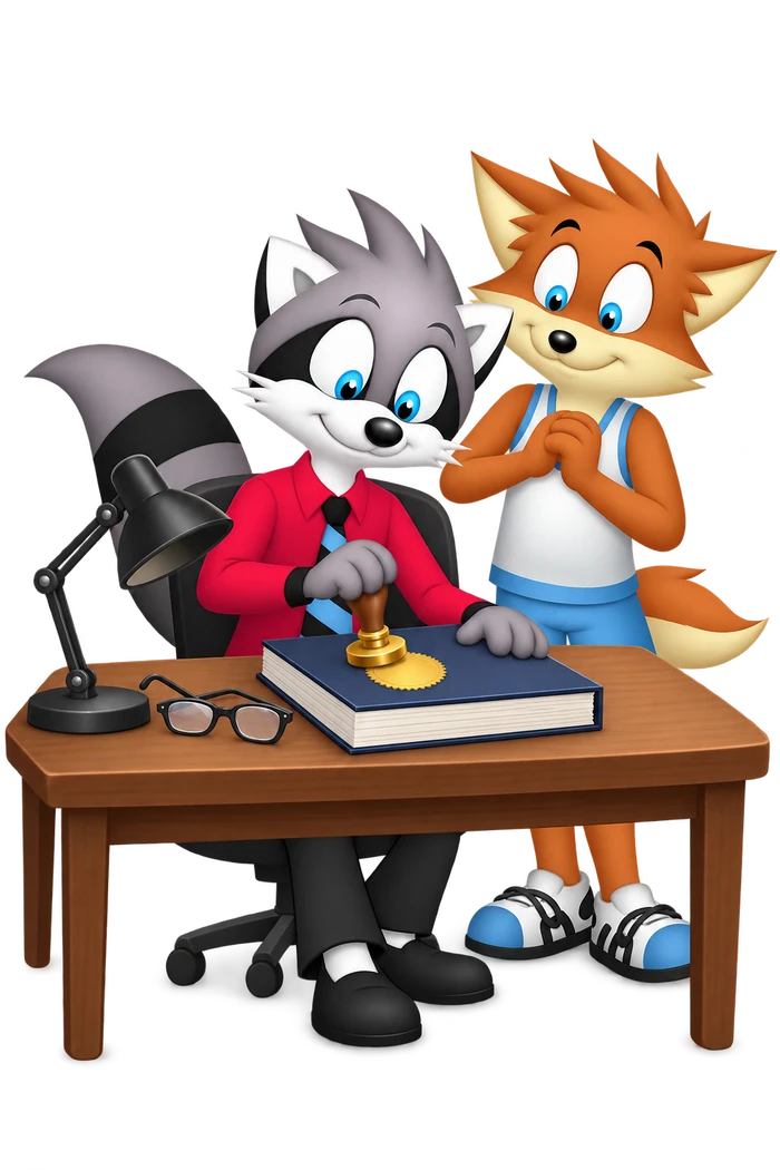A grey raccoon presses a polished gold seal onto a closed book while glasses lie unused on the desk and an orange colleague watches.