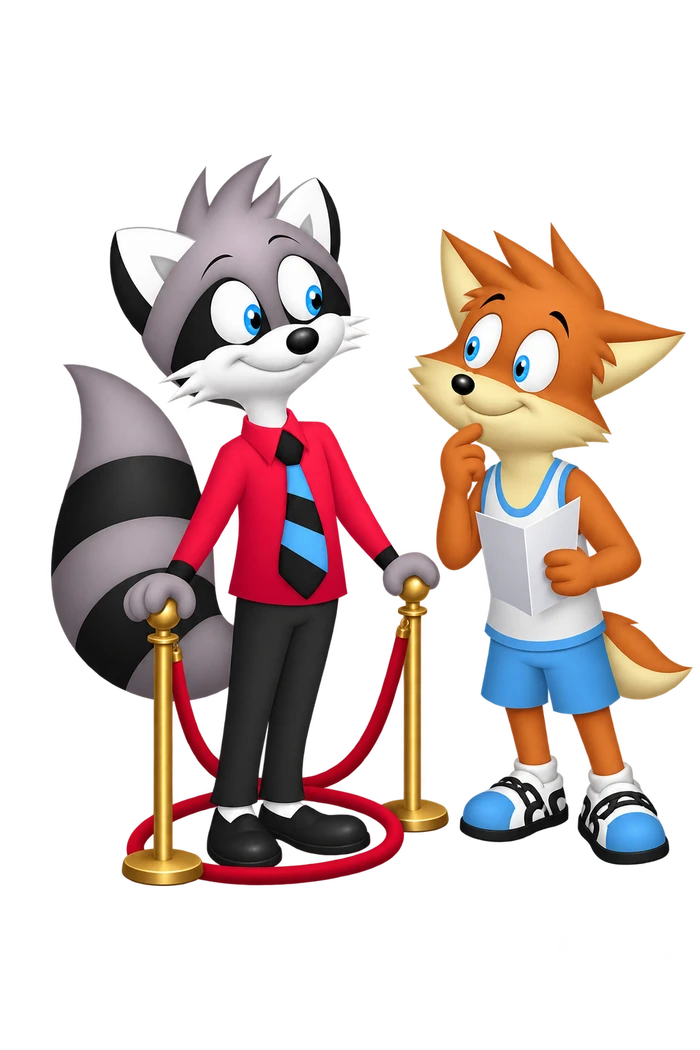 A grey raccoon encloses his own shoes within a small velvet rope while an orange visitor stands outside it.