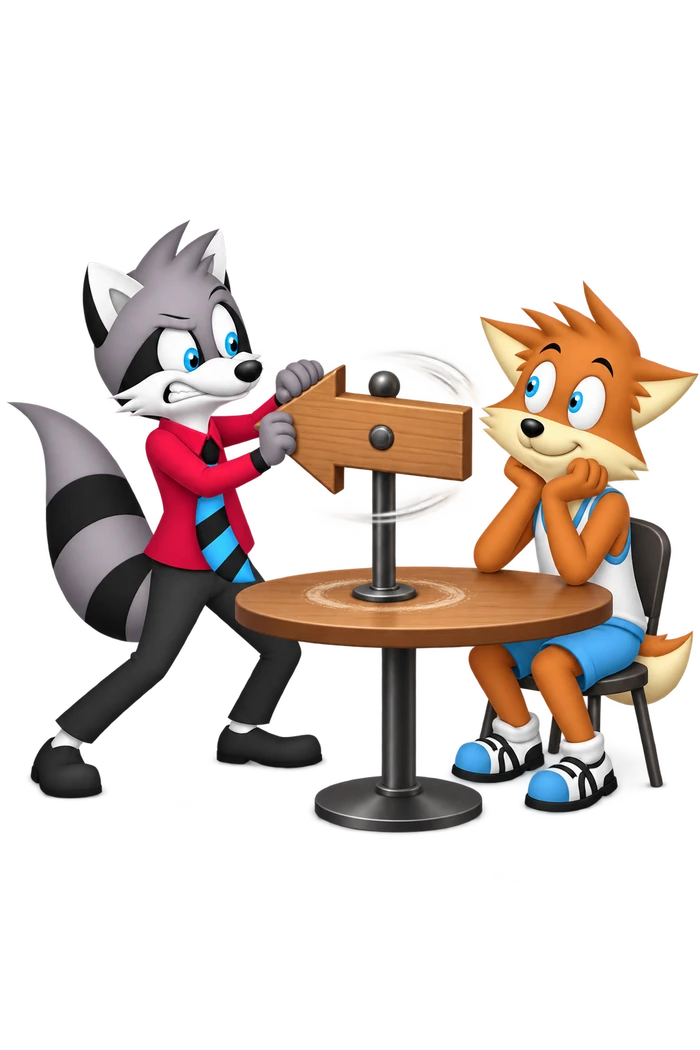 A grey raccoon turns a wooden arrow on a table-mounted swivel while an orange colleague watches from the other side.