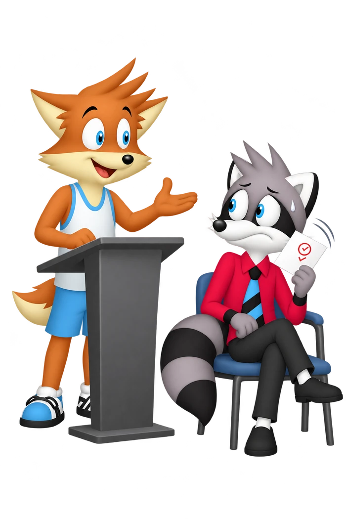A grey raccoon fans his face with a small marked card while an orange speaker stands at a lectern.