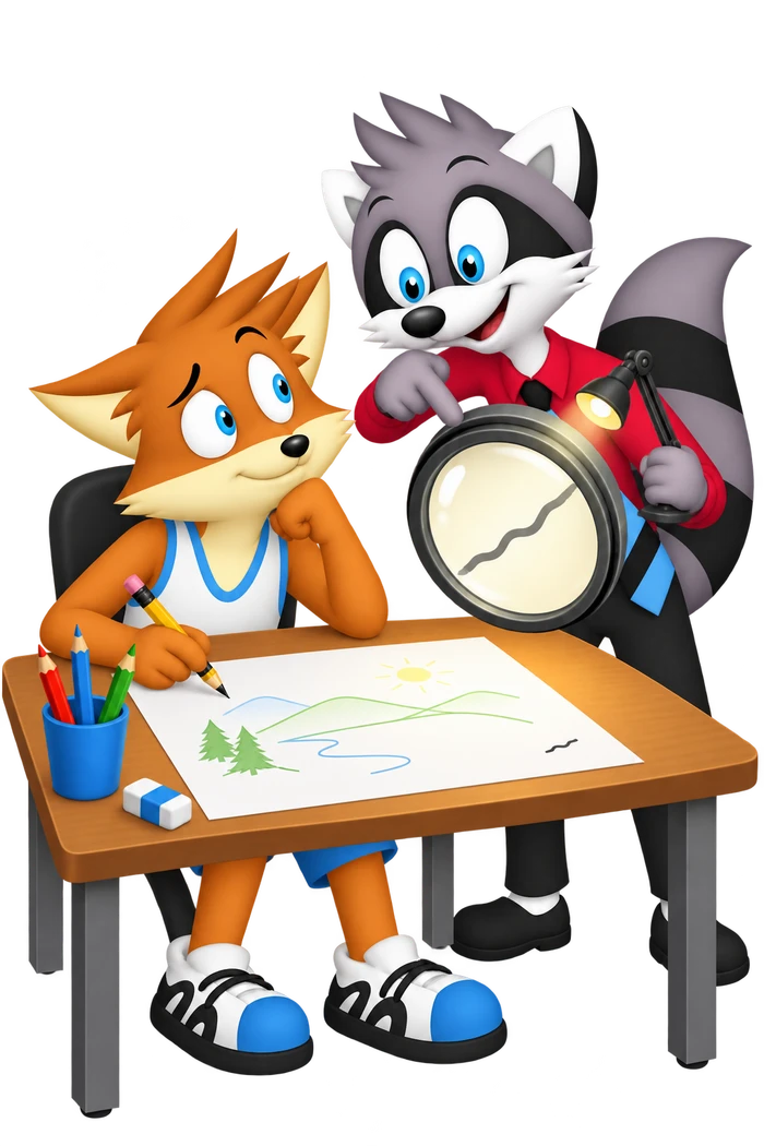 A delighted grey raccoon enlarges one small crooked line through an enormous lens while the orange maker regards the otherwise careful landscape drawing.