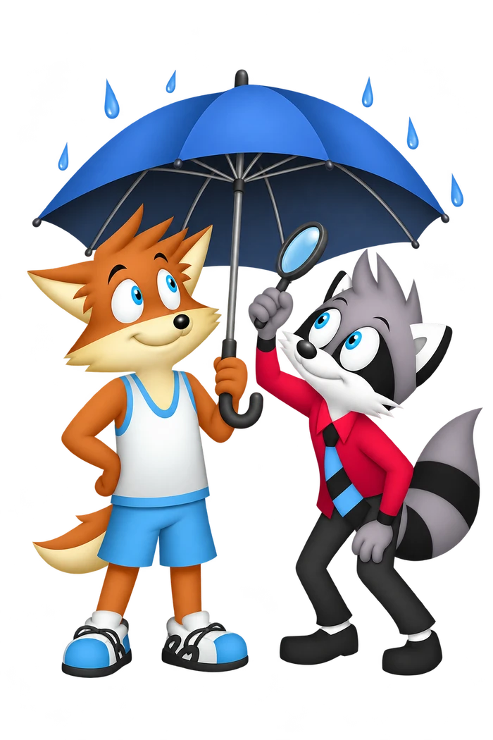 A grey raccoon inspects the underside of a blue umbrella with a magnifying glass while an orange colleague holds it over both figures.