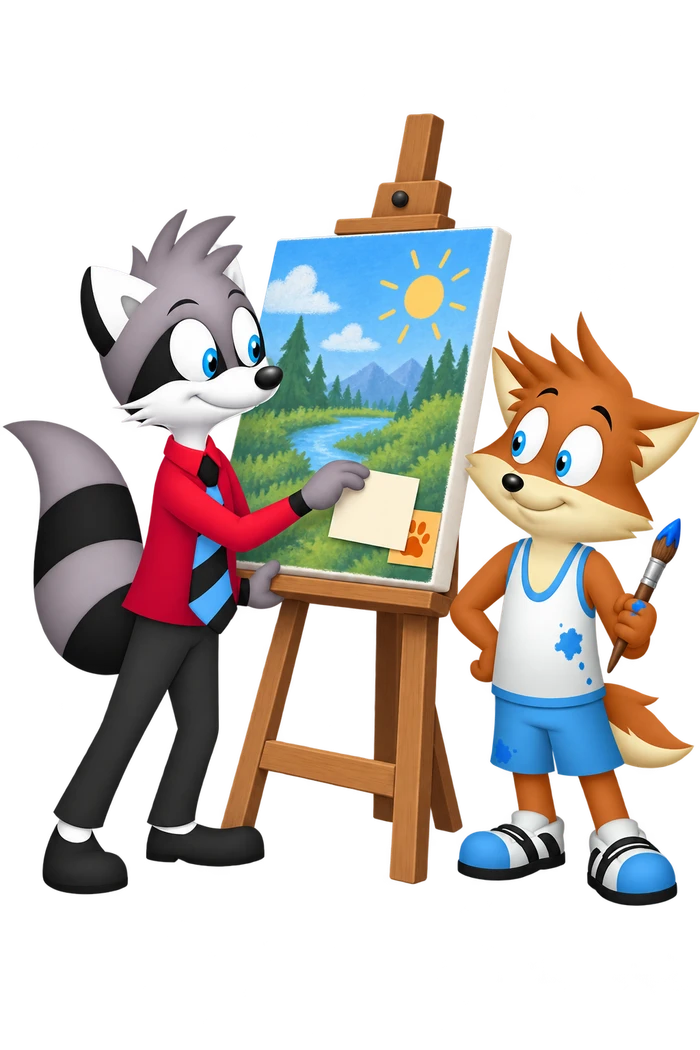 A grey raccoon places a cream attribution card over another card at the foot of a landscape painting; an orange painter stands beside the easel with a brush.