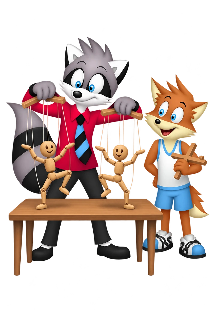 A grey raccoon controls the strings of two marionettes above a small table while an orange colleague holds a spare wooden control.