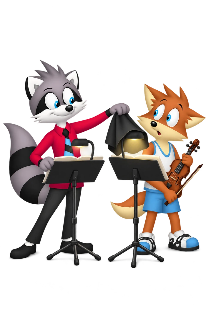 A grey raccoon covers a colleague’s music-stand lamp with a dark cloth while the orange musician holds a violin.