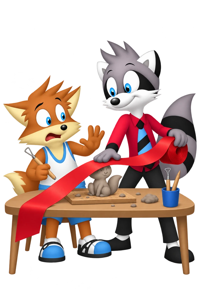 A grey raccoon lays a broad red ribbon across a small clay model while the orange maker raises a paw beside it.