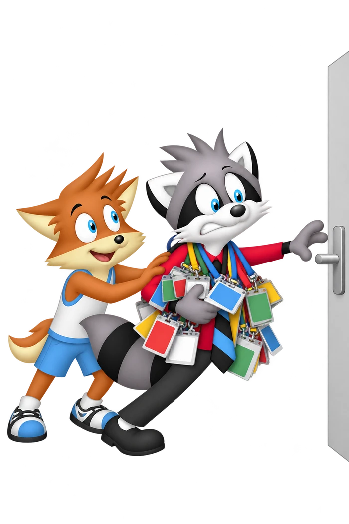 A grey raccoon weighed down by many guest badges reaches toward a gallery door handle as an orange colleague watches.