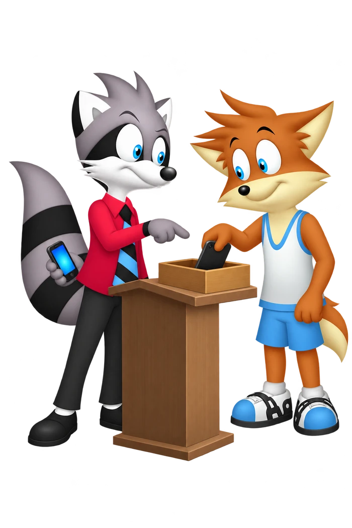 A grey raccoon points an orange visitor toward a phone collection box while holding his own glowing phone behind his back beside the lectern.