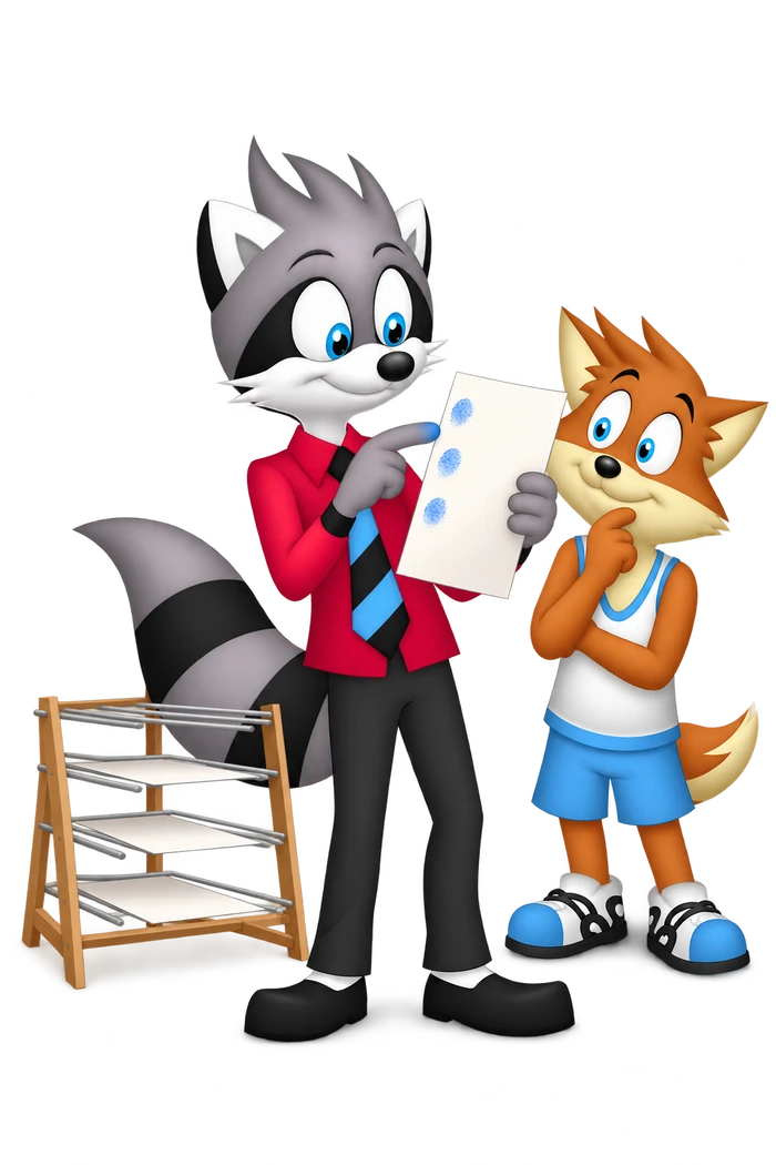 A grey raccoon examines a white print with blue fingertip smudges beside an unused drying rack while an orange colleague watches.