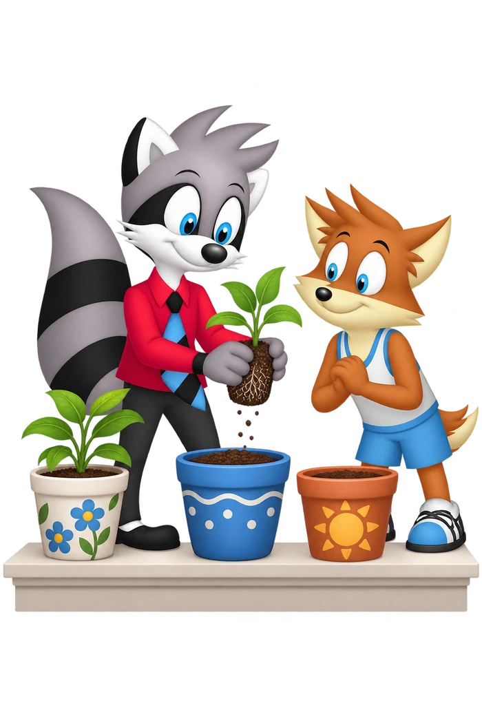 A grey raccoon holds a seedling with exposed roots above several differently decorated pots while an orange colleague watches.