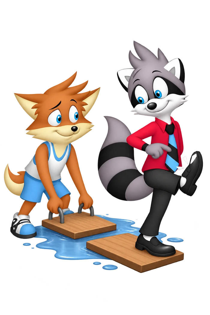 A grey raccoon examines a dry shoe after crossing a small puddle on boards, while an orange colleague holds a board behind.