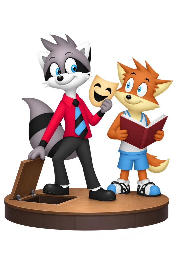 A grey raccoon stands on a small platform beside an open hinged flap, holding a comedy mask while an orange colleague holds a script.