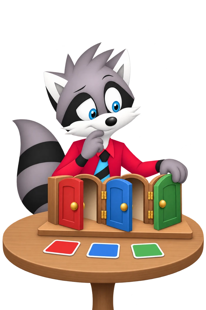 A grey raccoon hovers over three colored miniature doors on a table with matching color cards laid below.