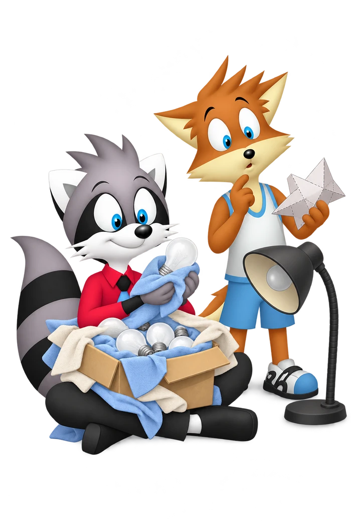 A grey raccoon clutches a cloth-lined box of spare bulbs beside an unlit lamp while an orange colleague holds an unfinished paper model.