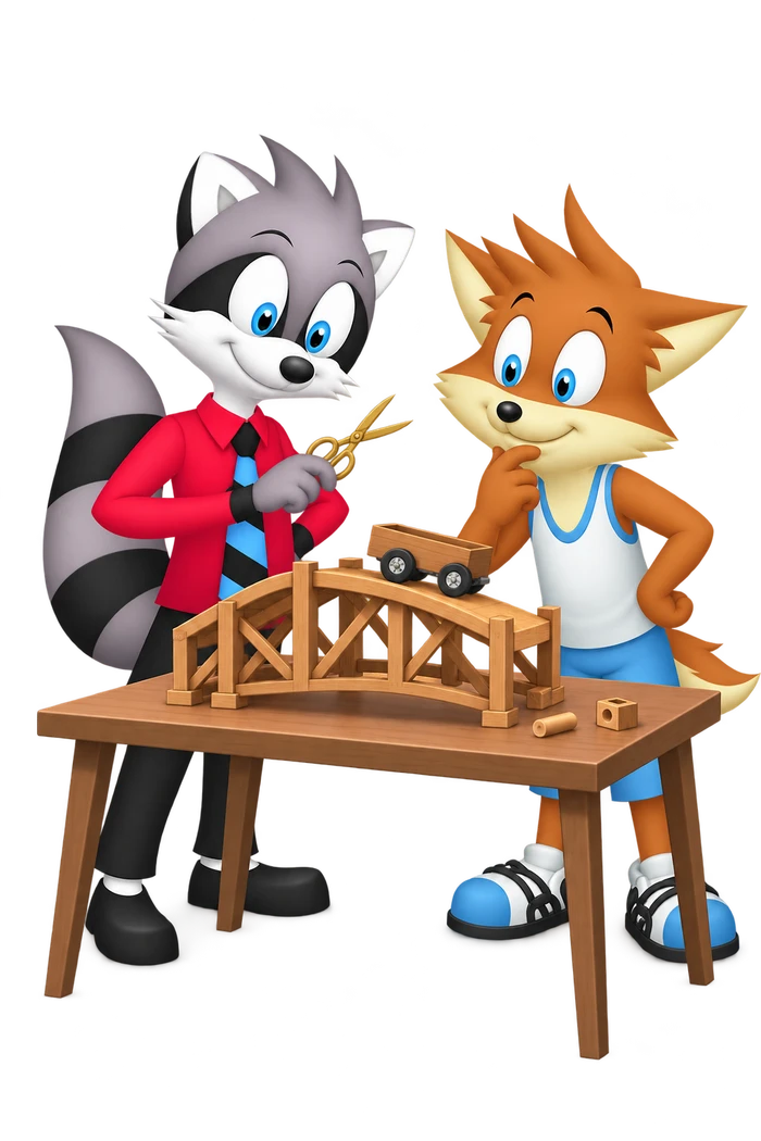 A grey raccoon holds ceremonial scissors above a small bridge model while loose wooden pieces lie beside its supports and an orange colleague watches.