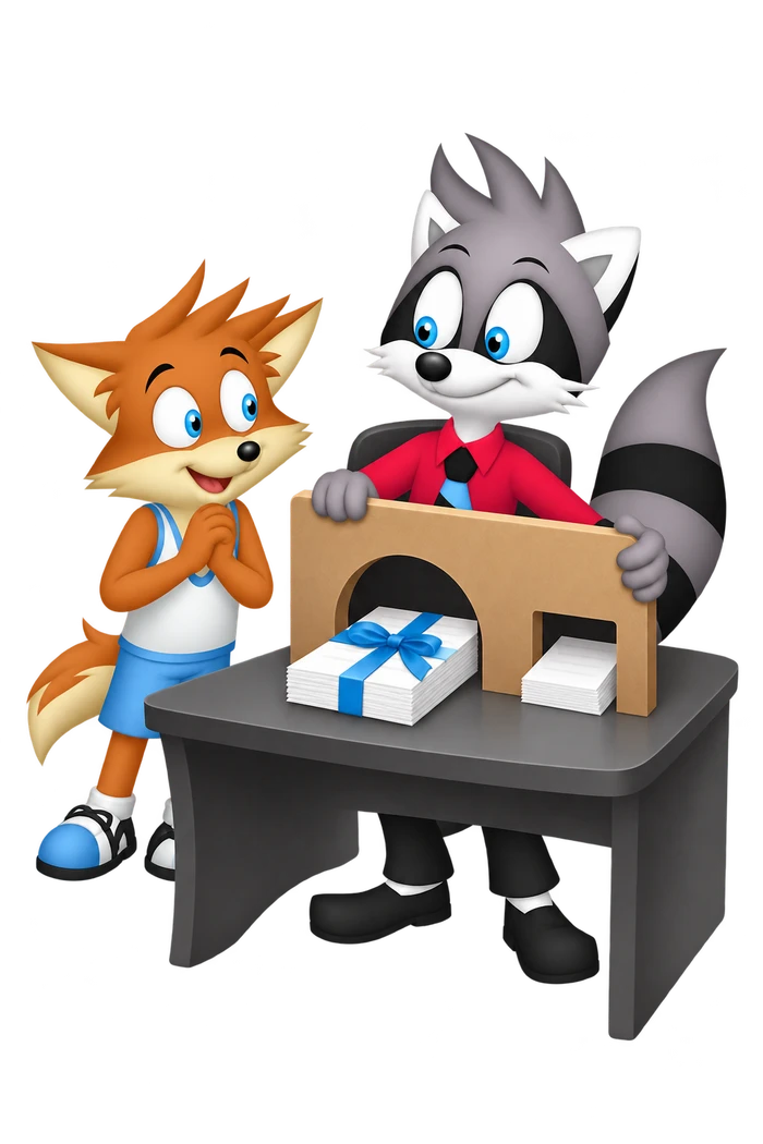 A grey raccoon holds a screening board with a broad arch for a ribbon-tied manuscript and a narrow slot beside a plain manuscript; an orange colleague watches.