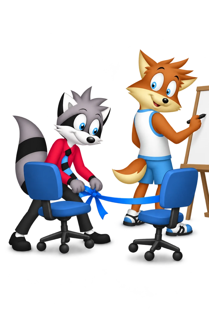 A grey raccoon ties blue ribbon between two chairs while an orange adult colleague turns toward an easel.