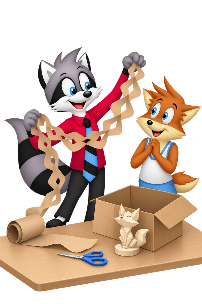 A grey raccoon displays a paper garland beside an empty packing-paper roll and a sculpture waiting in a shipping box; an orange colleague watches.