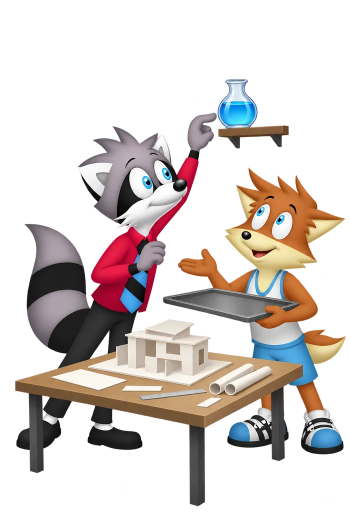 A grey raccoon balances a small shelf and a water vessel above a paper architectural model while an orange colleague offers a broad tray.