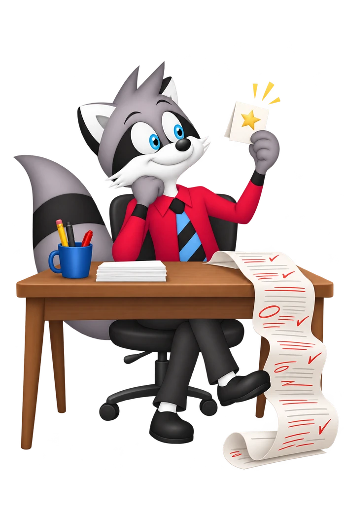 A grey raccoon admires a small folded corner marked with a star while a long red-marked letter hangs over the desk edge.