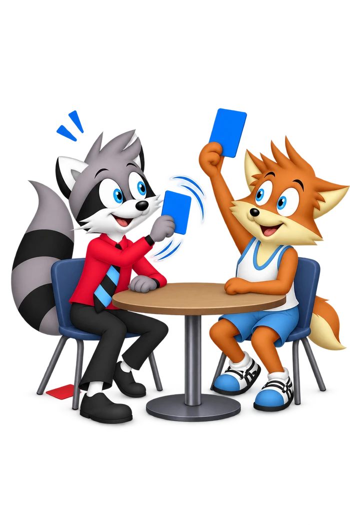 A grey raccoon raises a blue discussion card to match an orange colleague’s blue card while a red card lies beneath his chair.