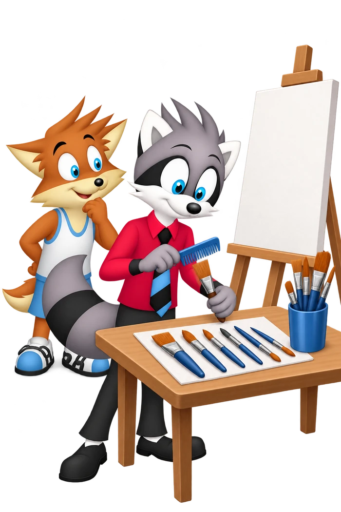 A grey raccoon carefully aligns paintbrushes at a table beside a blank canvas while an orange colleague waits behind.