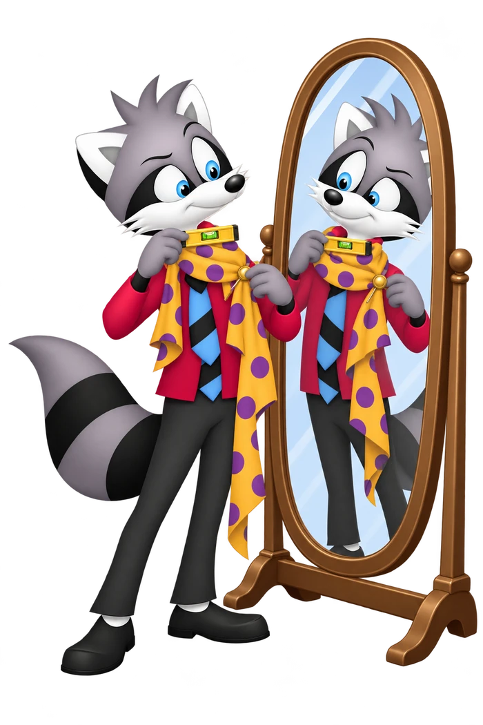 A grey raccoon uses a small spirit level to arrange a bright uneven scarf before a standing mirror.