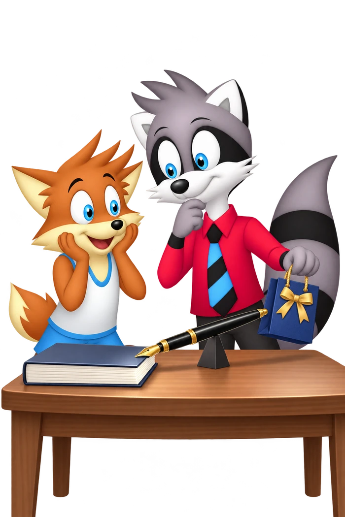 A grey raccoon considers a pen lying between a manuscript and a small gift bag while an orange colleague watches.