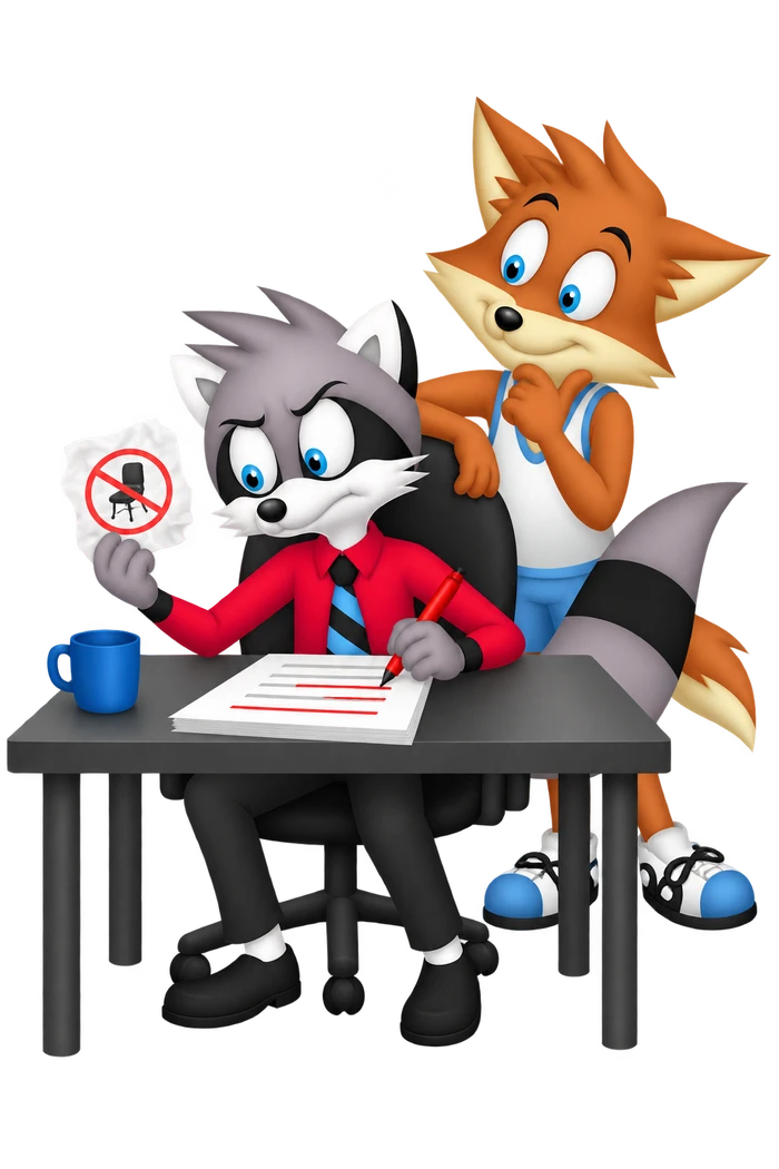A grey raccoon holds a rejected-invitation card and marks a separate manuscript with red underlines while an orange colleague stands behind.