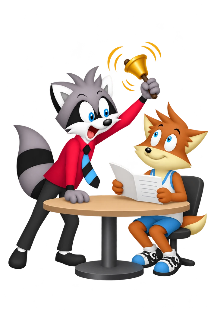 A grey raccoon vigorously rings a handbell above a discussion table while an orange colleague holds an open page.