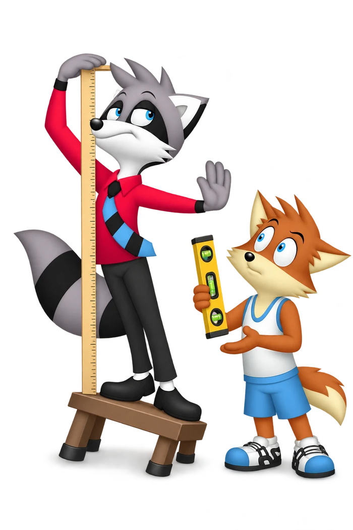 The grey raccoon measures his height from a short tilted platform and waves away an orange adult holding a spirit level.