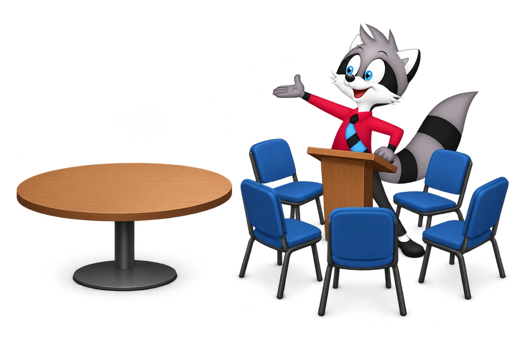 The grey raccoon presents a lectern surrounded by empty blue chairs while a separate round table has no chairs around it.