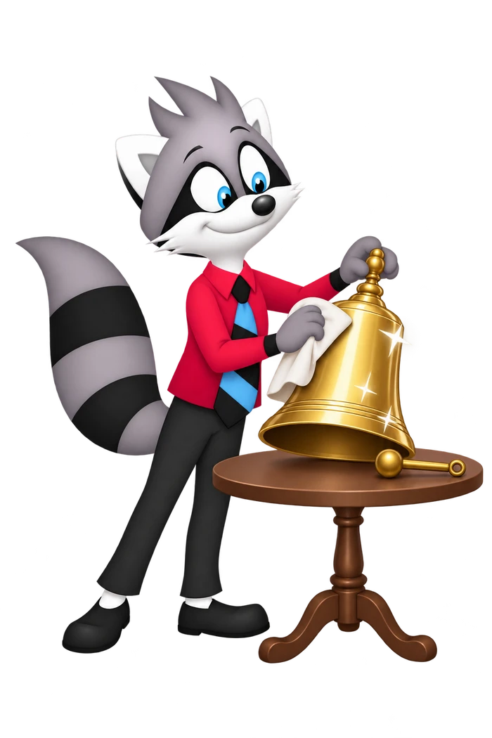 The grey raccoon polishes a shining bell while its detached clapper lies on the table beside it.