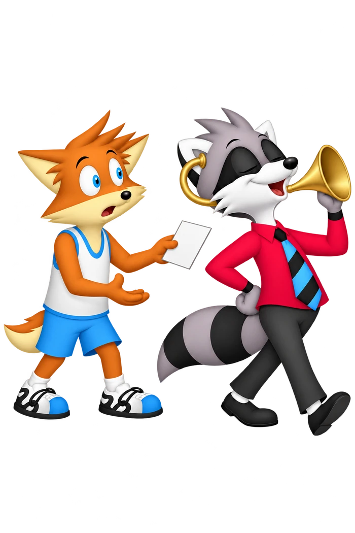 The grey raccoon turns away from an orange adult offering a card; a curved brass tube connects his ear to a horn held beside his own speaking mouth.