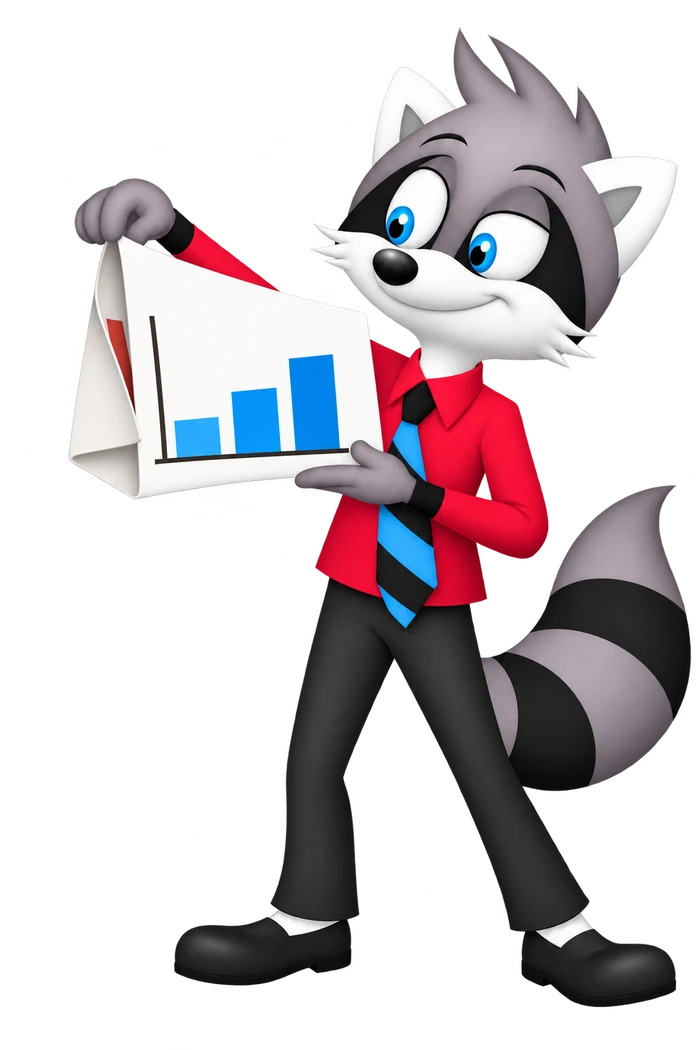 The grey raccoon presents short rising blue bars while a tall red bar peeks from a chart panel folded behind the front sheet.