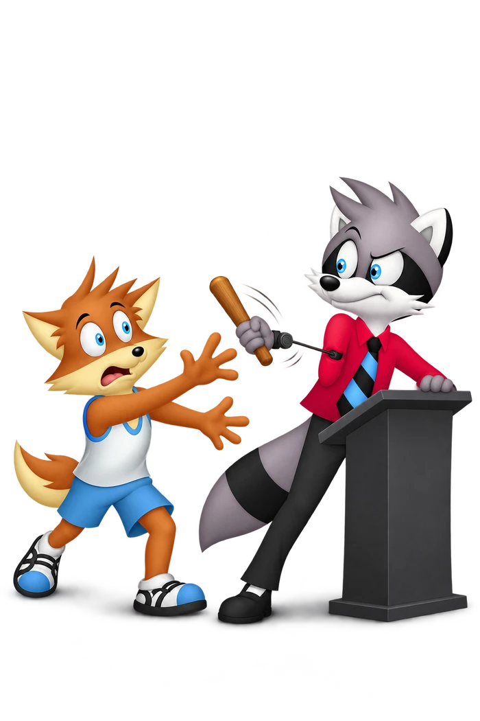 The grey raccoon draws a wooden speaking baton back toward his lectern on a cord as the orange participant reaches for it.