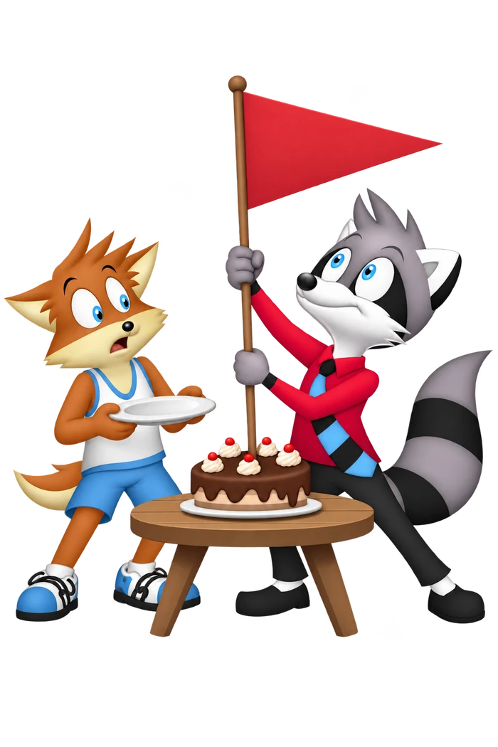 The grey raccoon plants a large plain pennant in a cake while an orange adult waits with an empty plate.