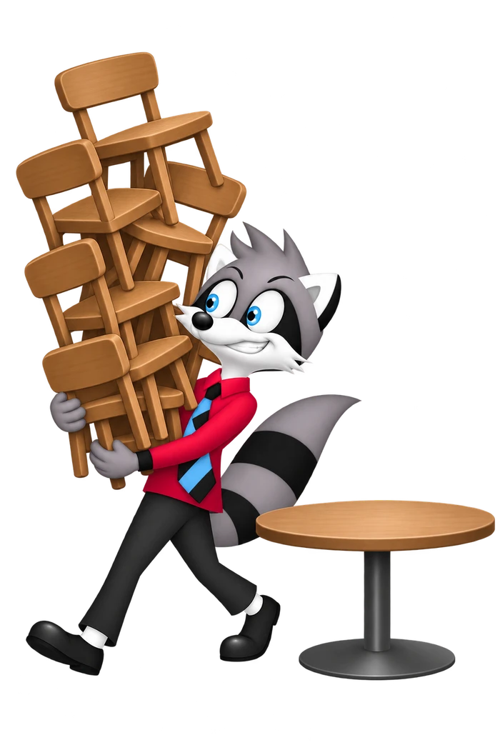 The grey raccoon clutches a towering stack of wooden chairs beside a round table left without seats.