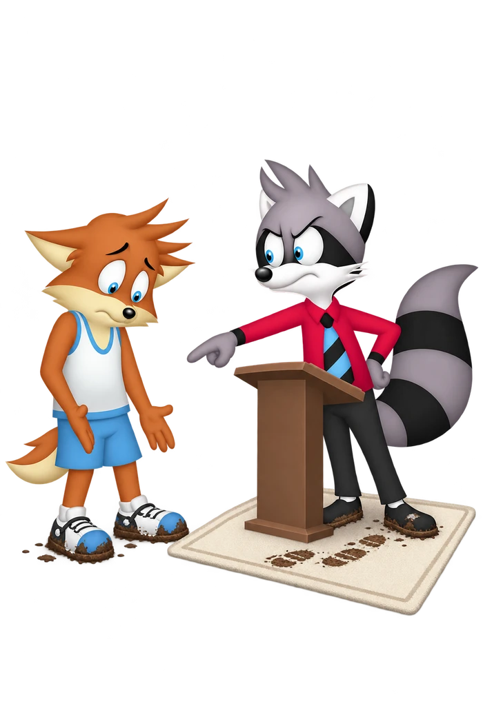 The grey raccoon points at the orange visitor’s muddy shoes while his own muddy shoes and footprints mark the rug beneath his lectern.