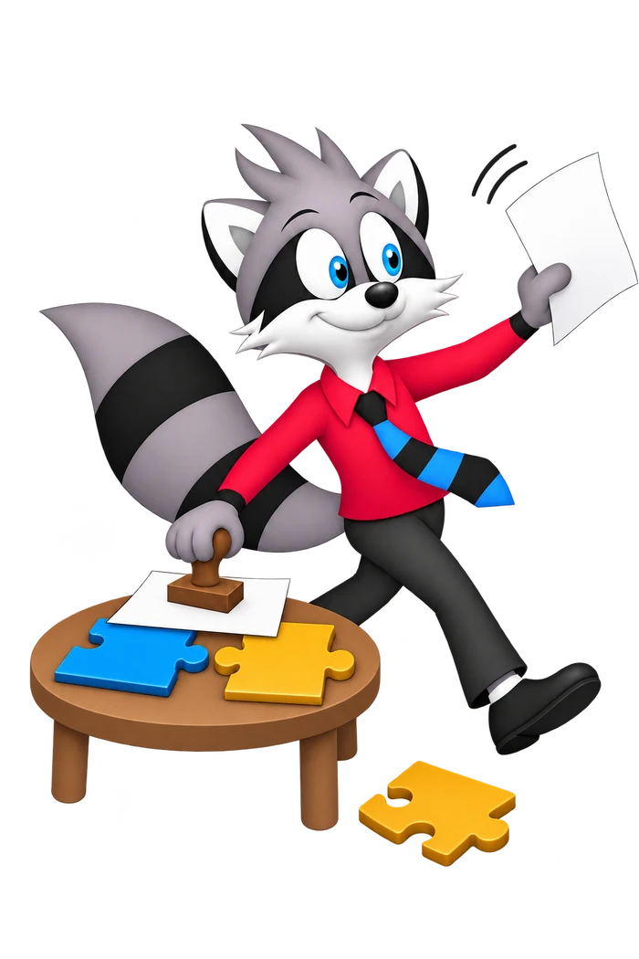 The grey raccoon stamps a sheet over two puzzle pieces whose protruding tabs clash across a gap, while a socket-shaped replacement lies unused below the table.