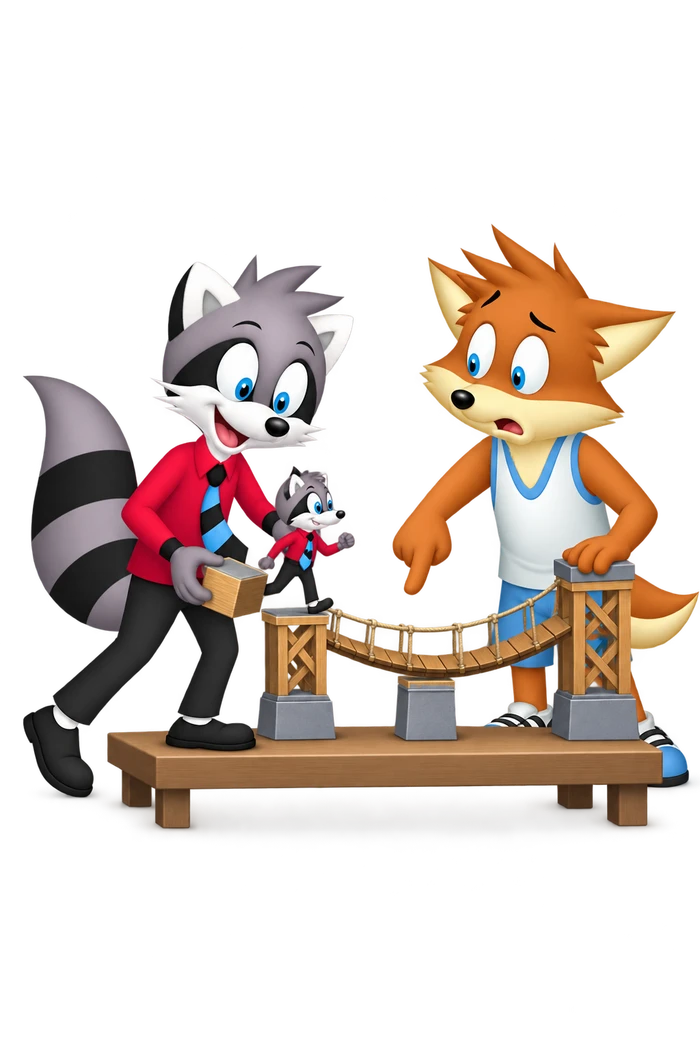 The grey raccoon lifts a support block beside a miniature sagging bridge and a tiny walking figure, while an orange adult points at the unsupported span.