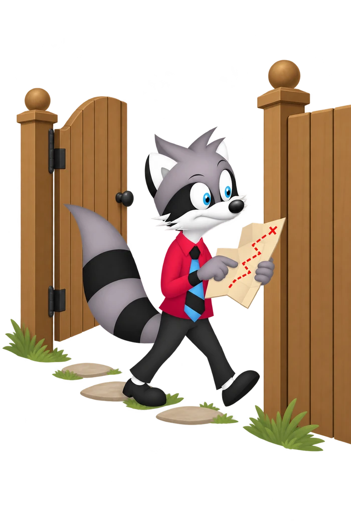 The grey raccoon follows the dotted route on a map toward a solid gate panel while the open entrance is beside him.