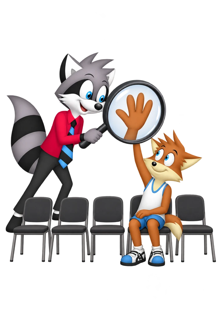 The grey raccoon magnifies the raised hand of one orange listener seated among otherwise empty chairs.